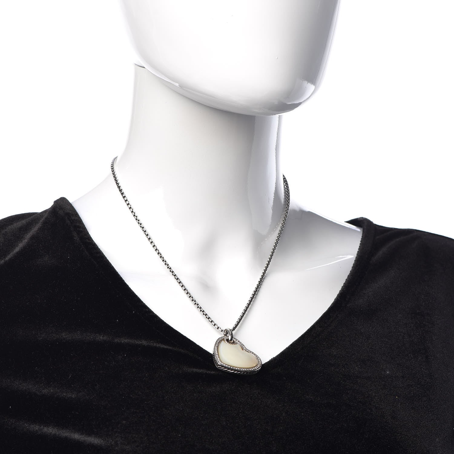 David Yurman Sterling Silver Diamond Mother of Pearl Heart Pendant Necklace 2 of 6