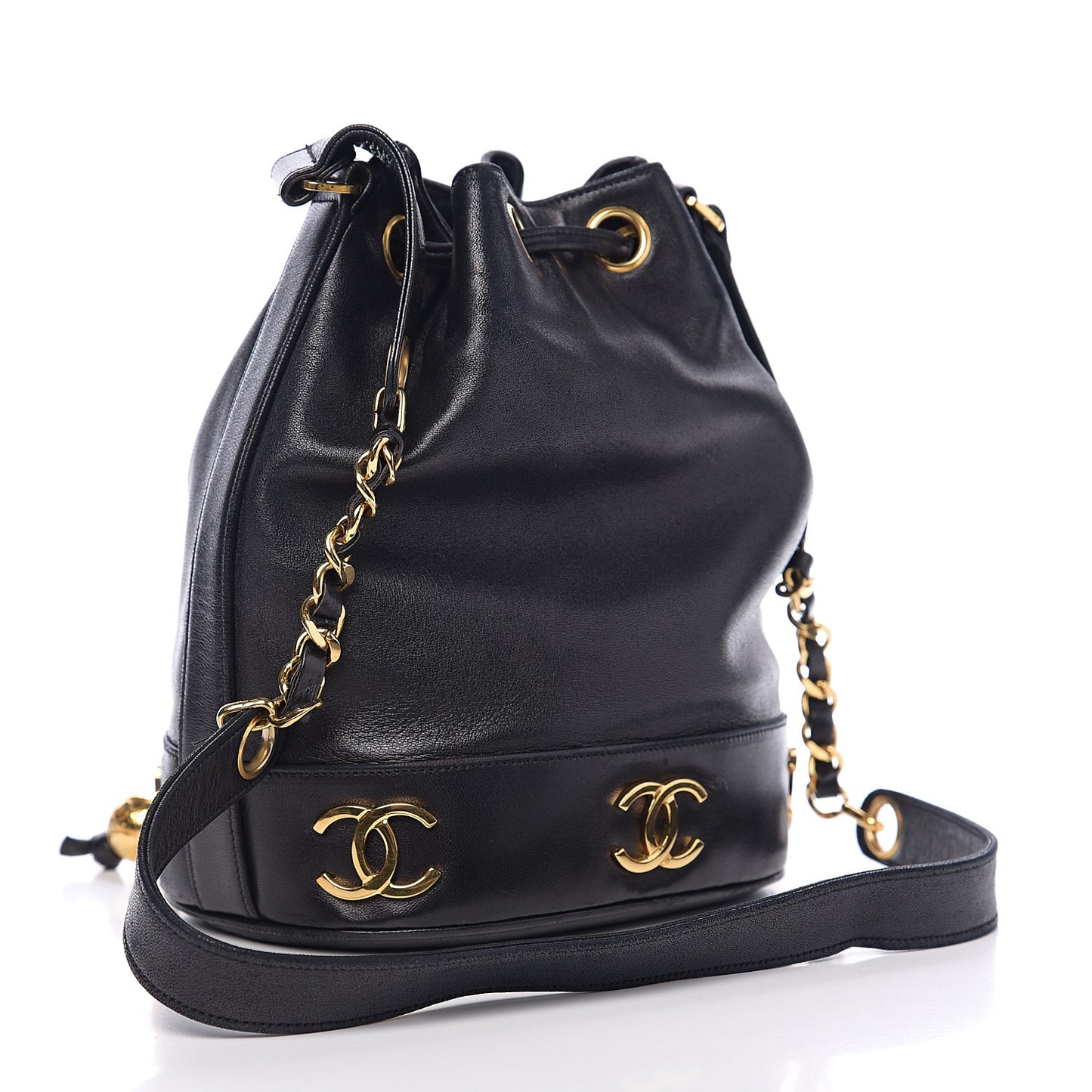 Lambskin CC Drawstring Shoulder Bag Black