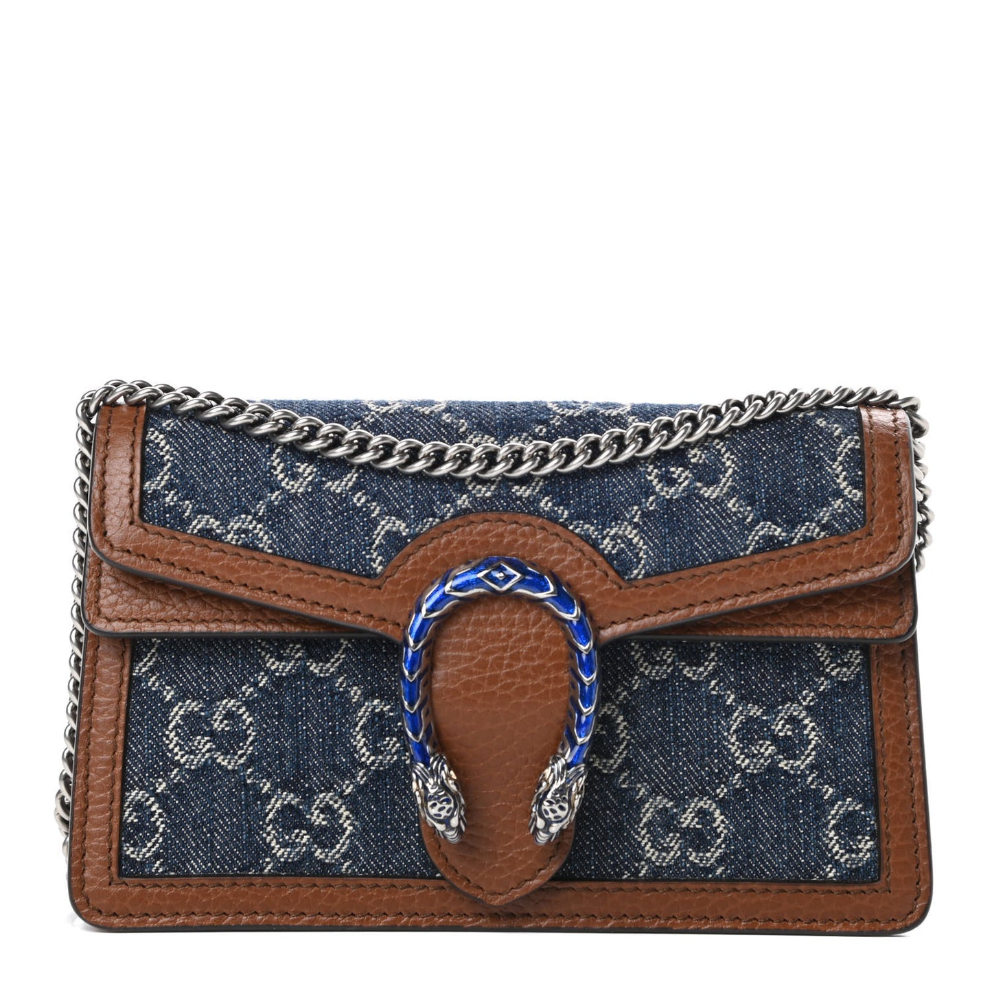 New Denim GG Monogram Dollar Calfskin Enamel Super Mini Dionysus Shoulder Bag Blue Tea Cuir Epilog Electric Blue