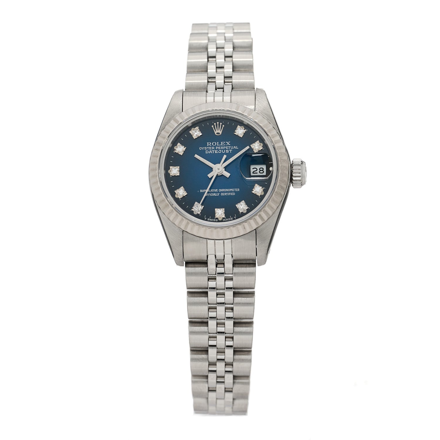Rolex Stainless Steel 18K White Gold Diamond 26mm Oyster Perpetual Datejust Watch Blue Gradient 69174 1 of 4