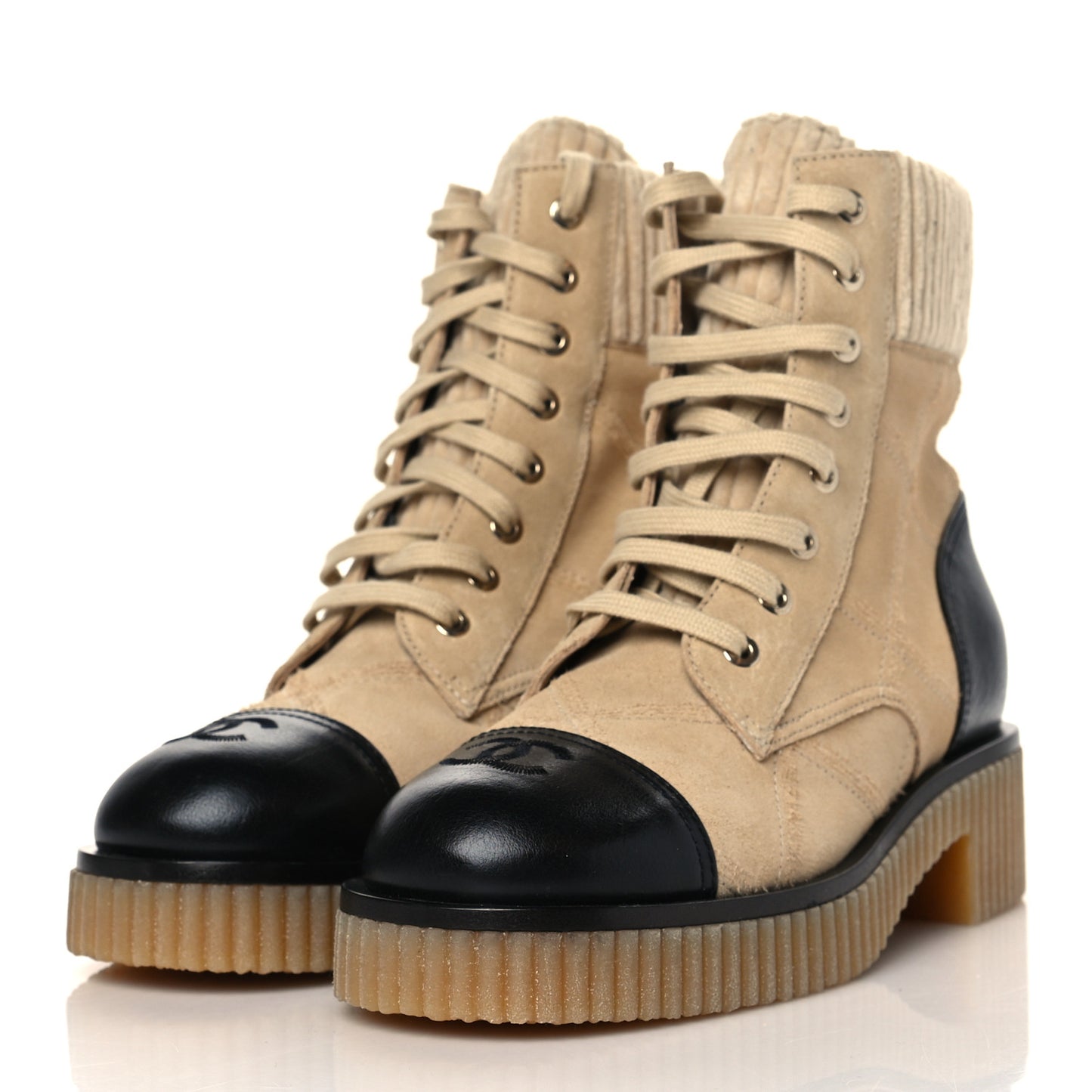 Suede Calfskin Velvet Quilted CC Combat Boots 36.5 Beige Black