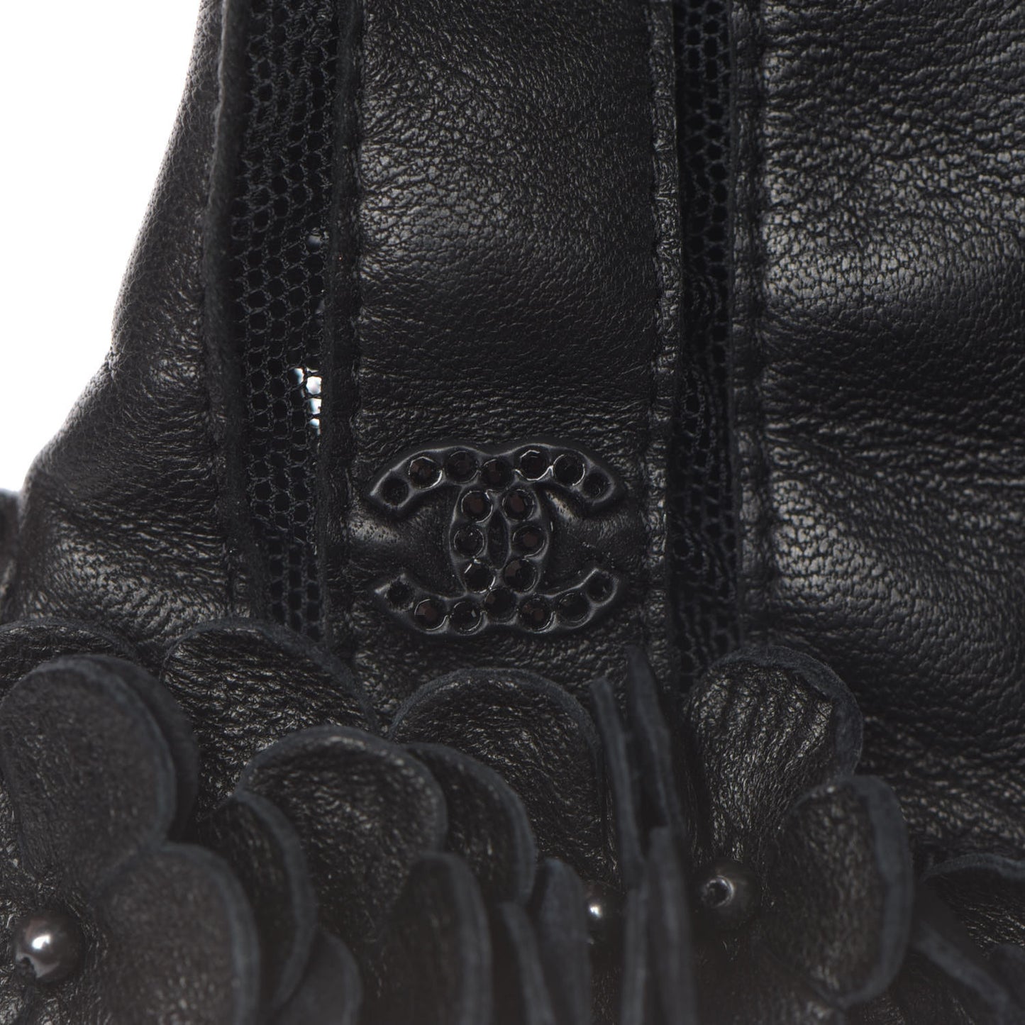 Lambskin Mesh Panel Camellia Fingerless Gloves 7 Black