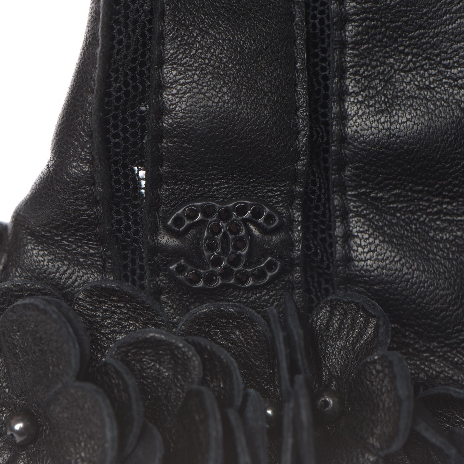 Chanel Lambskin Mesh Panel Camellia Fingerless Gloves 7 Black 6 of 6