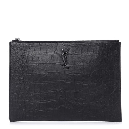 Saint Laurent Calfskin Crocodile Embossed Monogram iPad Case Black 1 of 12