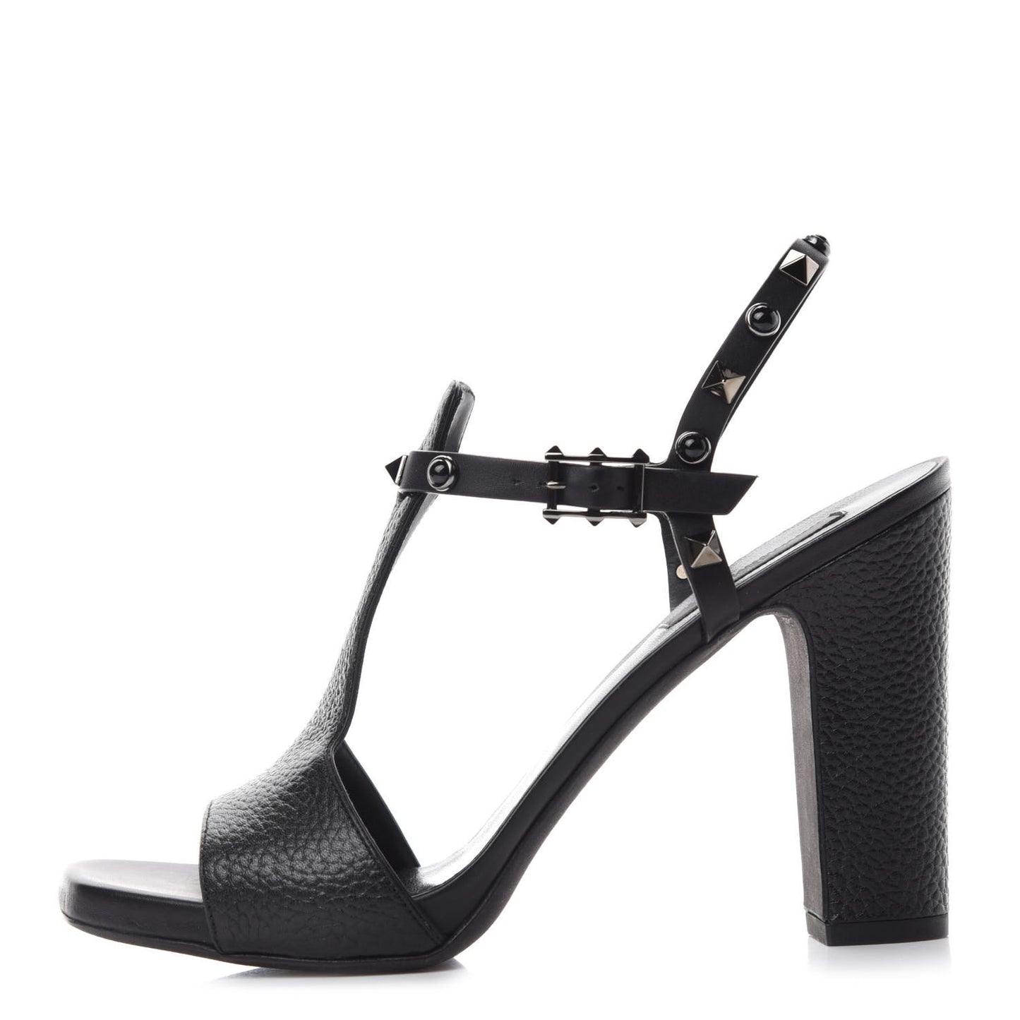 Pebbled Calfskin Onyx Rockstud Rolling Ankle Strap 5/105mm Sandals 38.5 Black