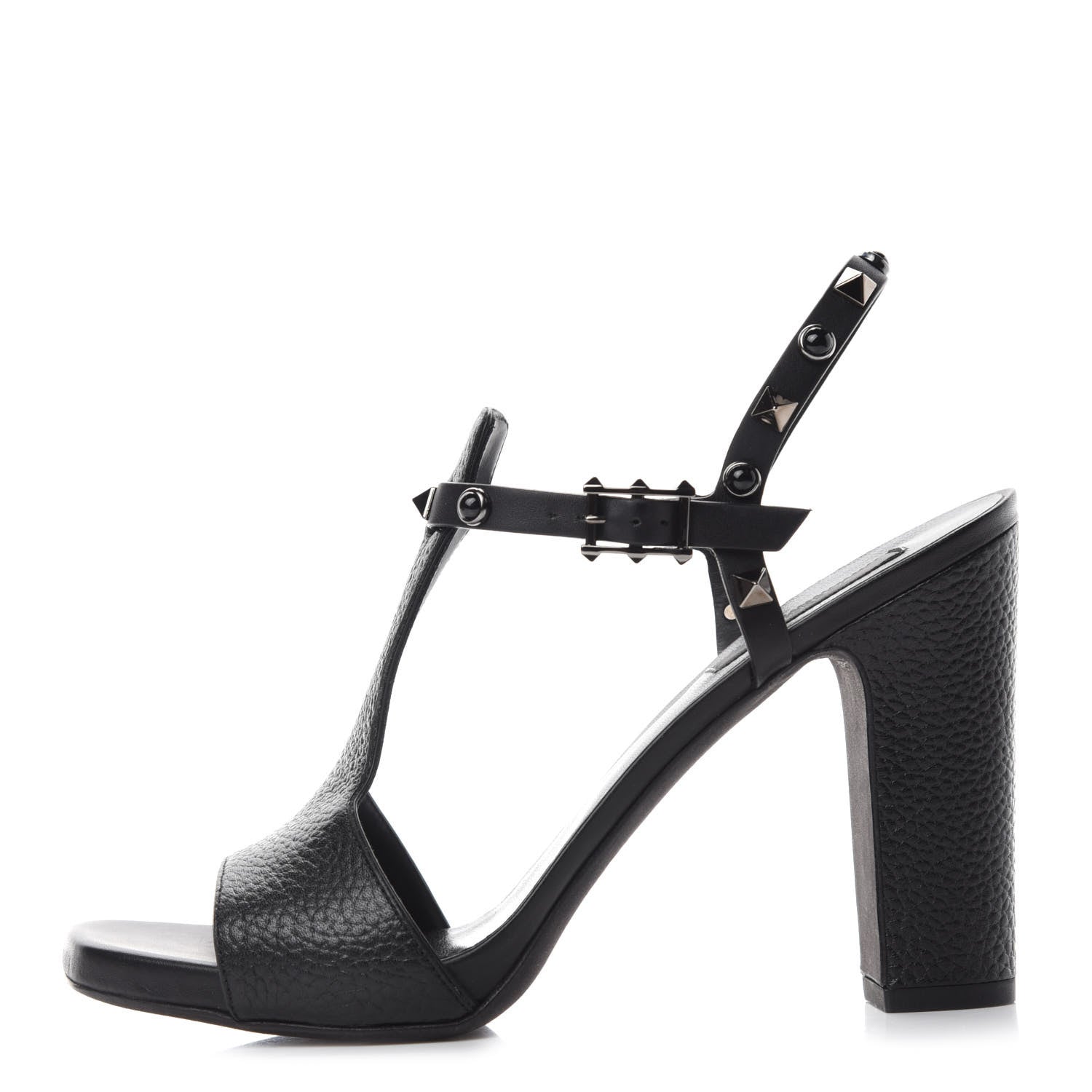 Valentino Garavani Pebbled Calfskin Onyx Rockstud Rolling Ankle Strap 5/105mm Sandals 38.5 Black 1 of 9