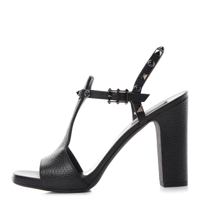 Valentino Garavani Pebbled Calfskin Onyx Rockstud Rolling Ankle Strap 5/105mm Sandals 38.5 Black 1 of 9