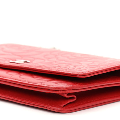 Chanel Lambskin Camellia Embossed Wallet On Chain WOC Red 10 of 17
