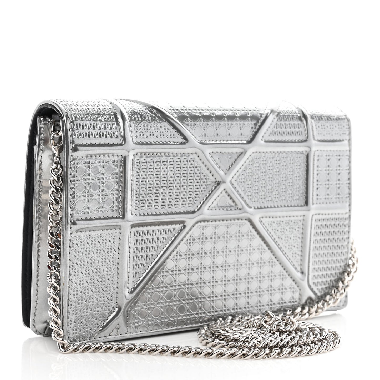 Metallic Patent Micro-Cannage Diorama Wallet on Chain Pouch Silver