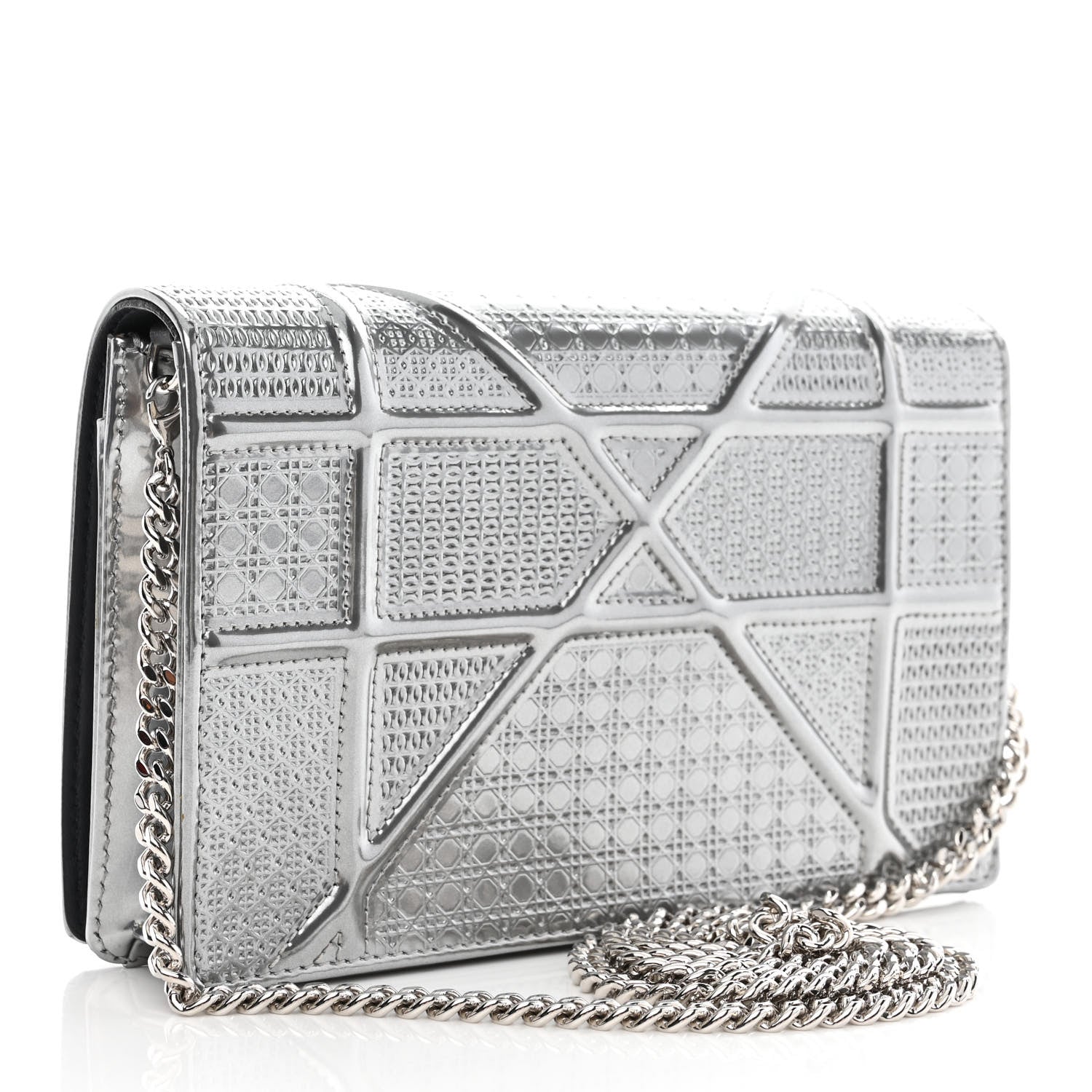 Christian Dior Metallic Patent Micro-Cannage Diorama Wallet on Chain Pouch Silver 3 of 12