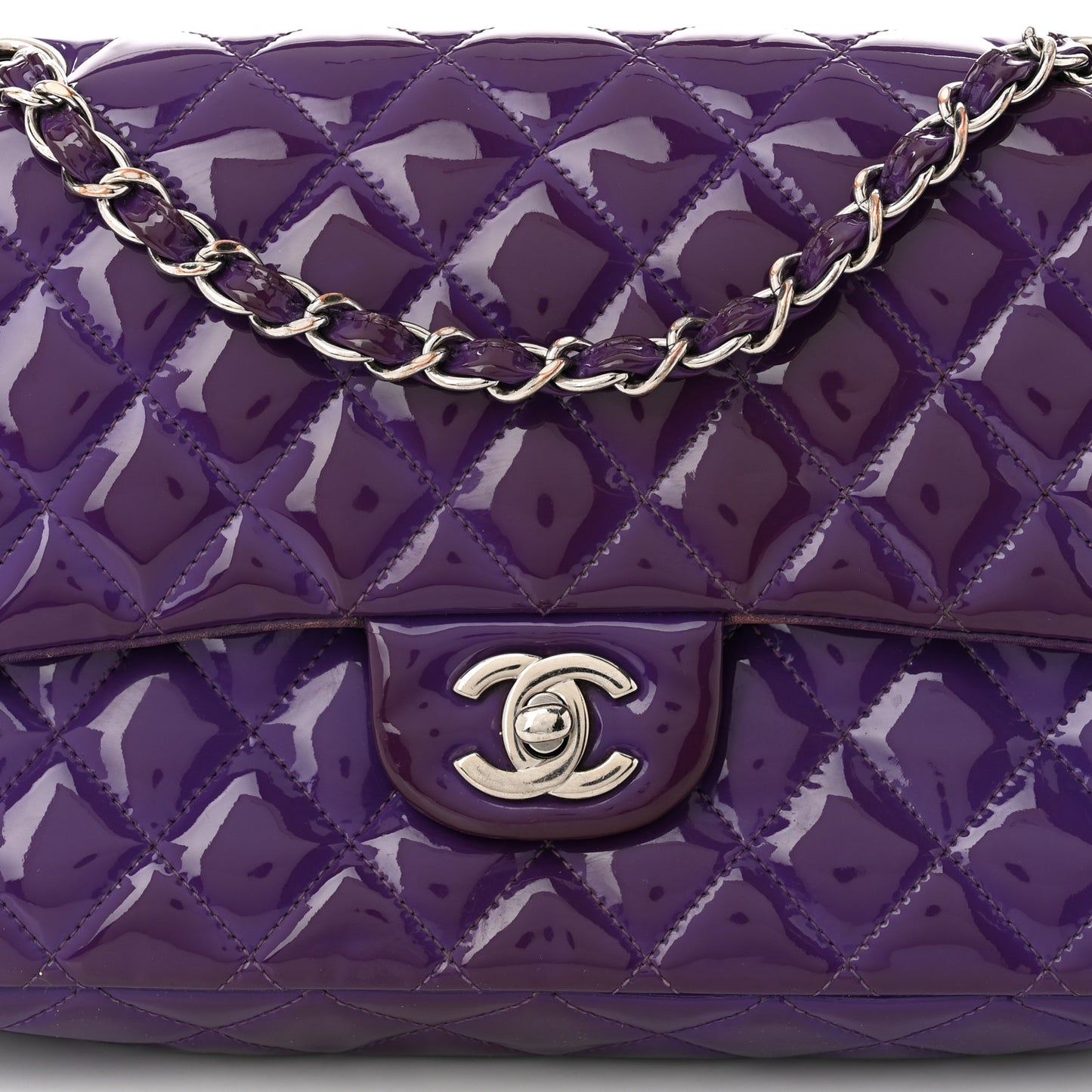 Patent Calfskin Quilted Medium Double Flap Purple