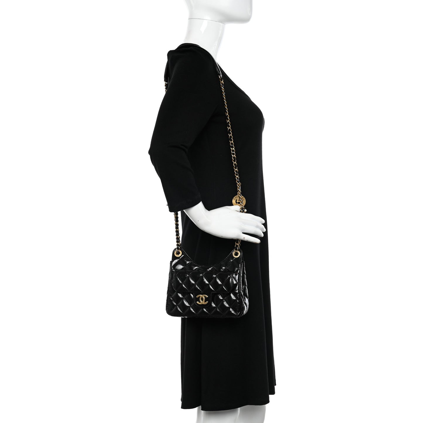 Shiny Crumpled Calfskin Quilted Small Wavy CC Hobo Black