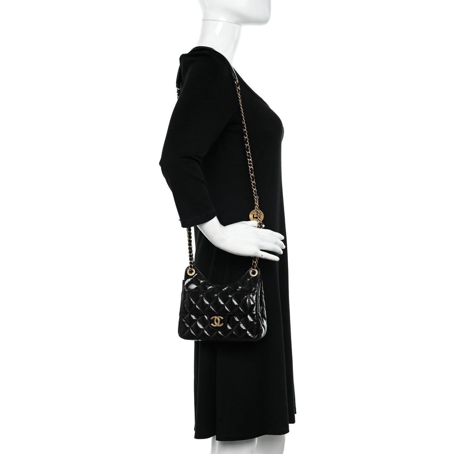 Chanel Shiny Crumpled Calfskin Quilted Small Wavy CC Hobo Black 2 of 11