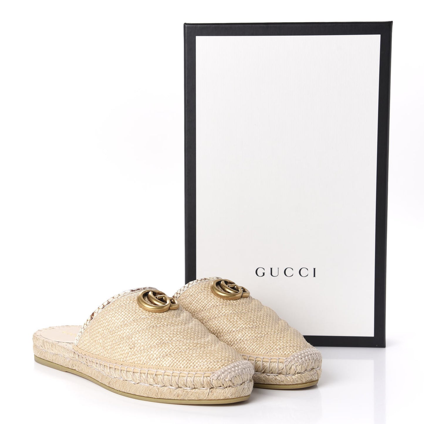 Straw Elaphe Matelasse GG Marmont Espadrille Slippers 38 Natural Cream Brown