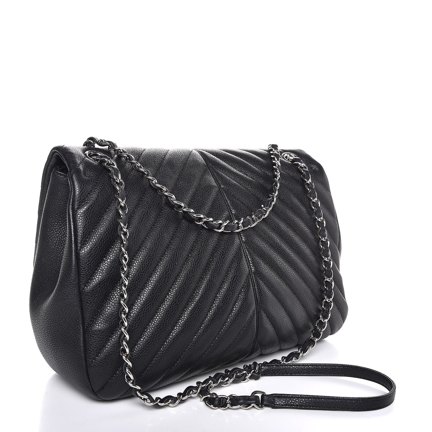 Caviar Chevron Quilted Large Puffy CC Flap Black