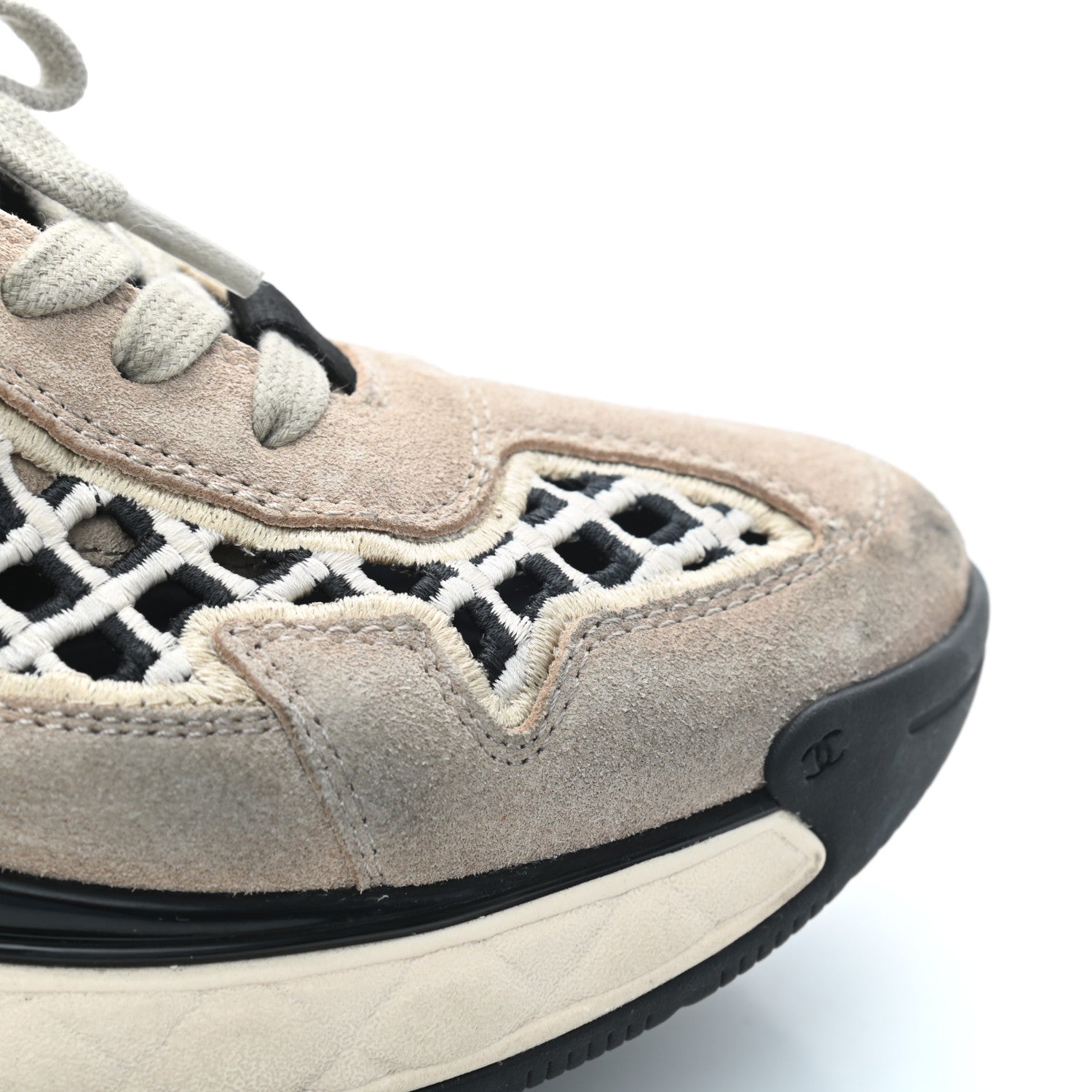 Chanel Suede Calfskin Embroidered CC Sneakers 36 Beige Black 8 of 8