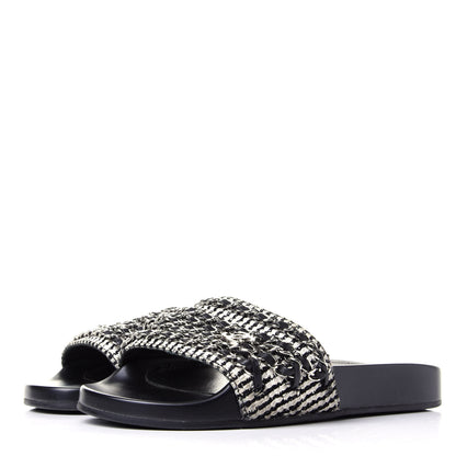 Chanel Tweed Lambskin Chain Flat Sandals 36 White Black 2 of 10