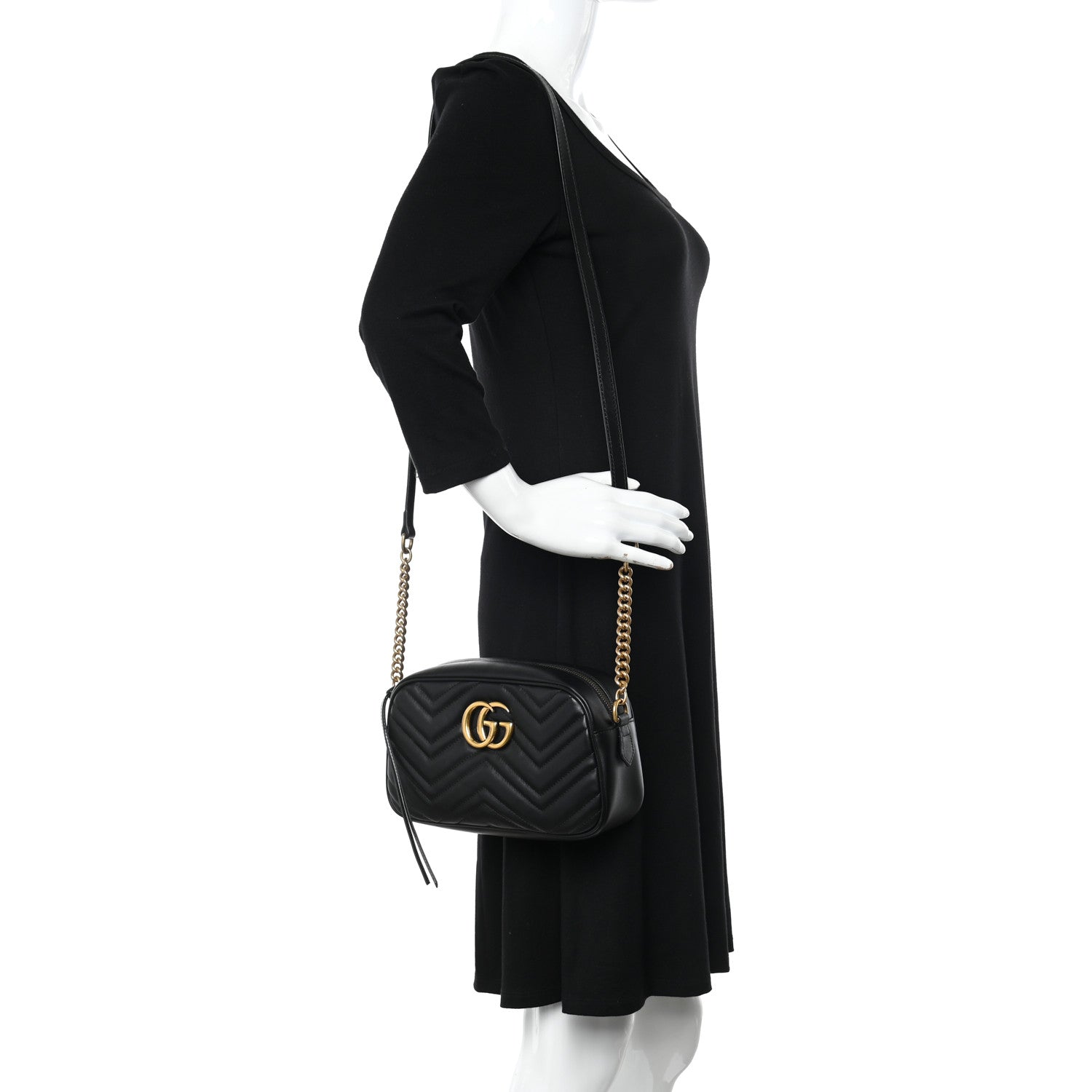 Gucci Calfskin Matelasse Small GG Marmont Chain Shoulder Bag Black 2 of 9