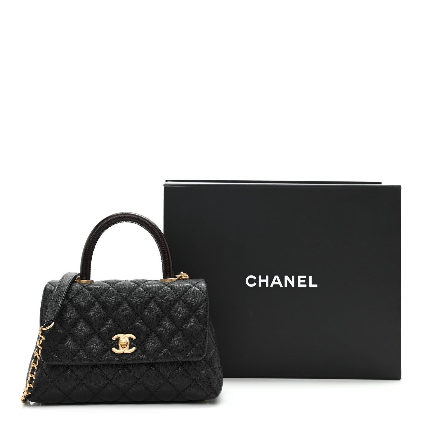 Caviar Lizard Embossed Quilted Mini Coco Handle Flap Black