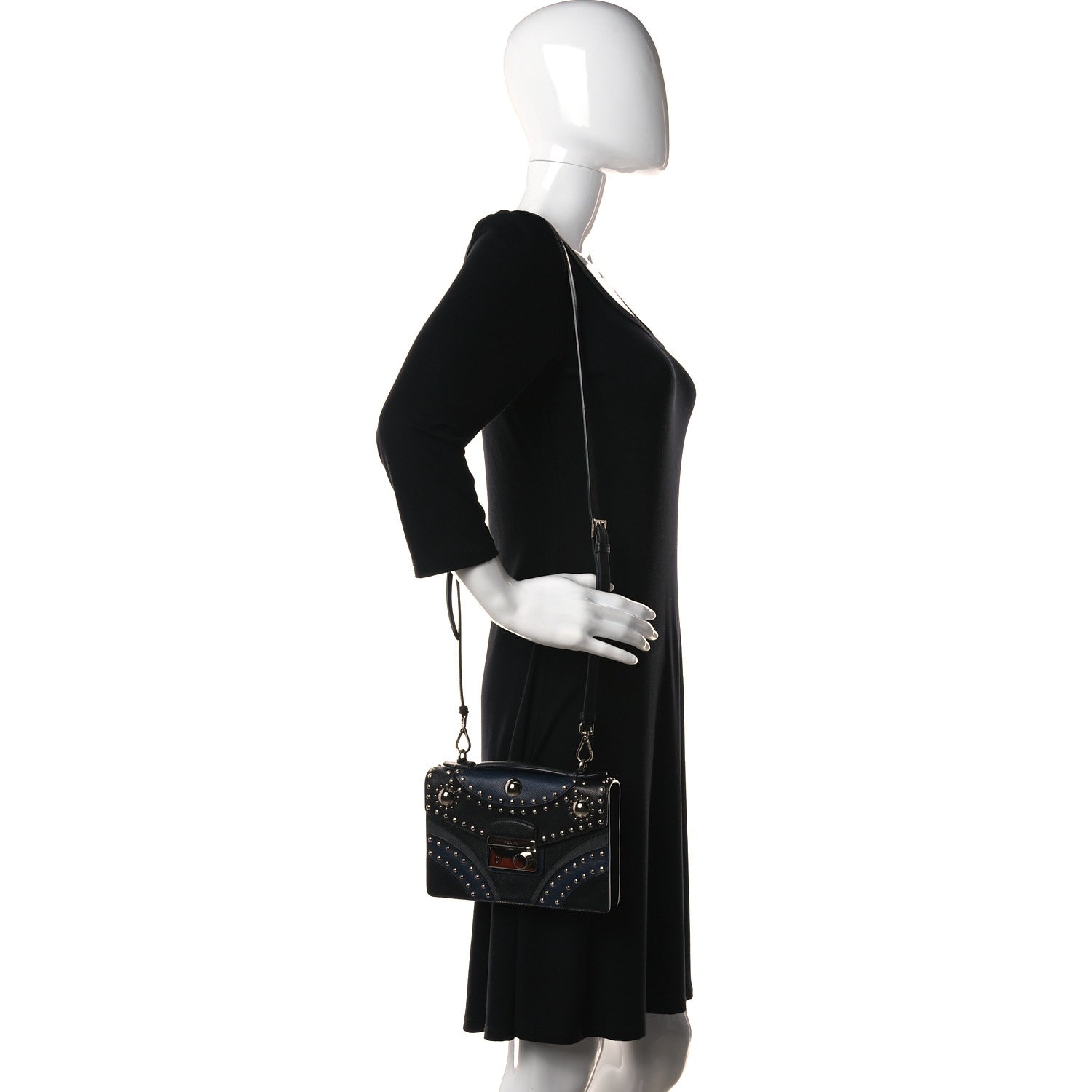 Prada Saffiano Studded Sound Bag Black Baltico 2 of 12