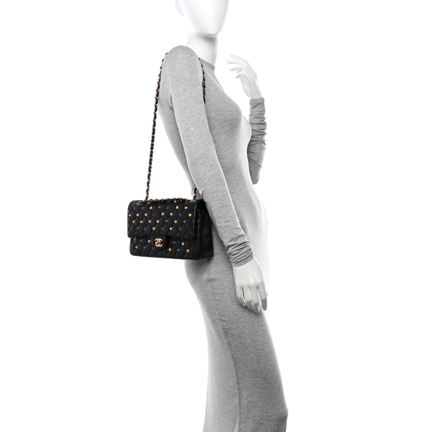 Lambskin Quilted Studded Medium Double Flap Black