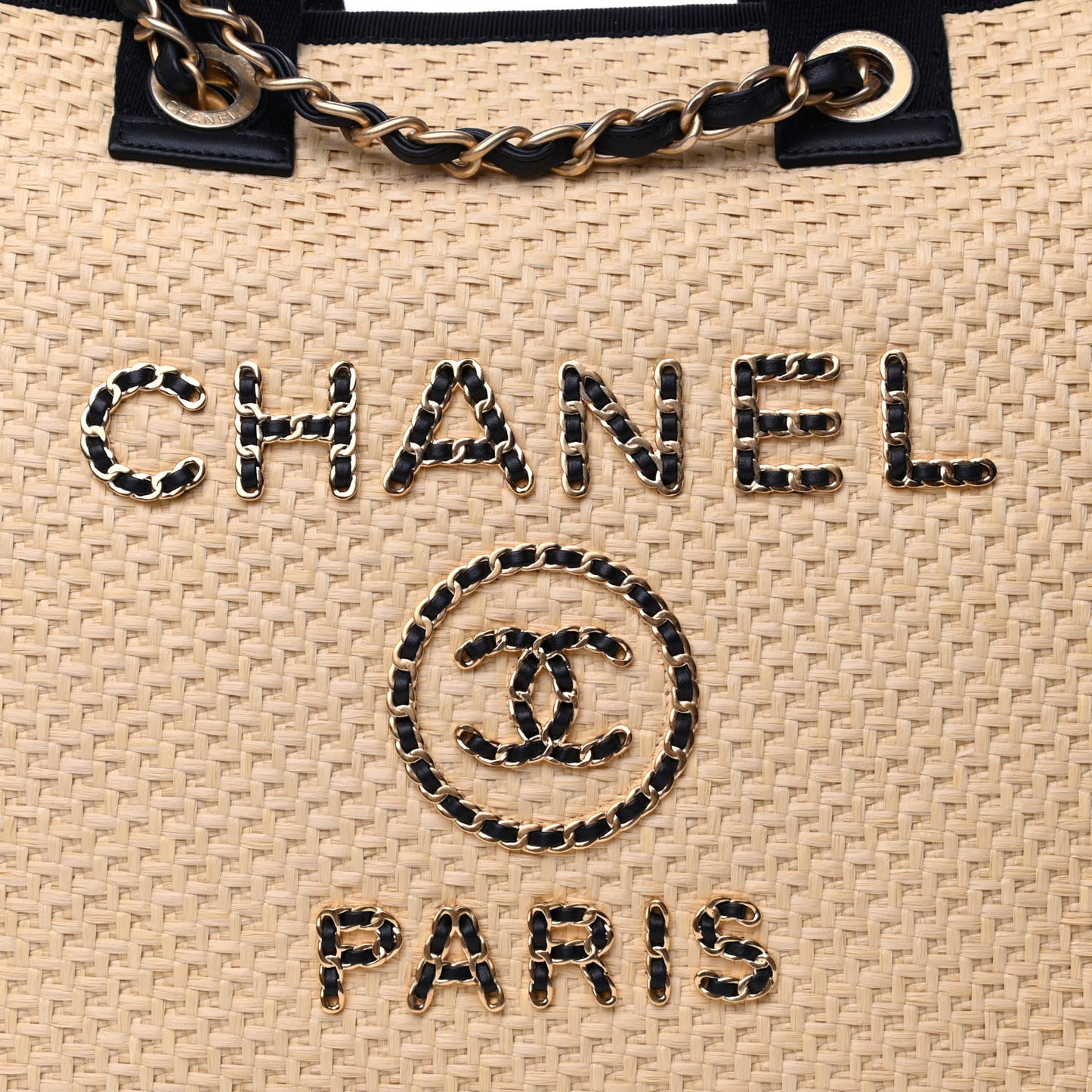 Straw Raffia Calfskin Chain Medium Deauville Tote Beige Black