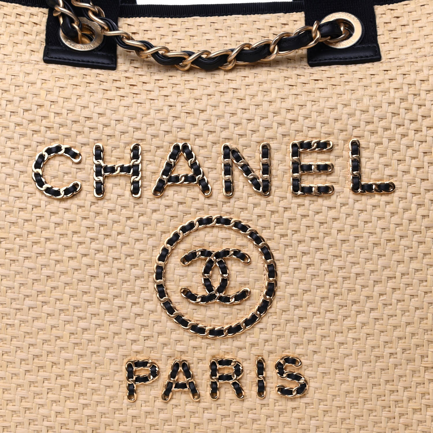 Chanel Straw Raffia Calfskin Chain Medium Deauville Tote Beige Black 8 of 10