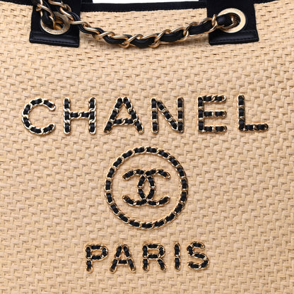 Chanel Straw Raffia Calfskin Chain Medium Deauville Tote Beige Black 8 of 10
