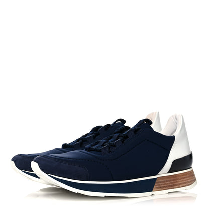 Hermes Technical Canvas Calfskin Suede Goatskin Womens Buster Sneakers 37 Marine White 3 of 10