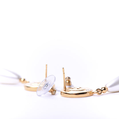 Chanel Metal Pearl Paris Button Drop Earrings Gold 3 of 5