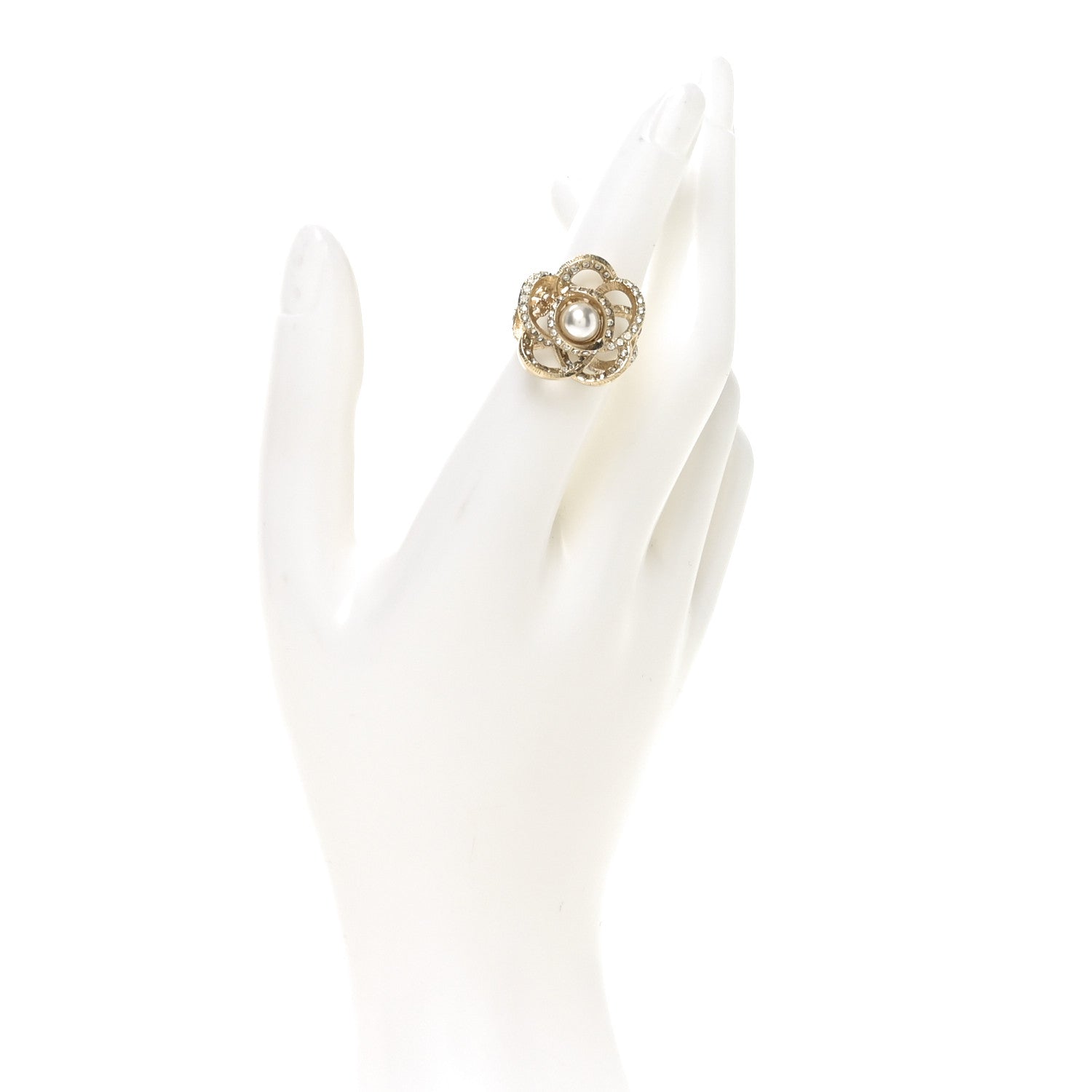 Chanel Crystal Pearl CC Camellia Ring 49 4.75 Gold 2 of 5