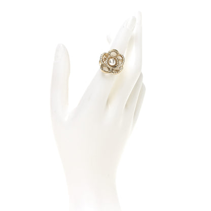 Chanel Crystal Pearl CC Camellia Ring 49 4.75 Gold 2 of 5