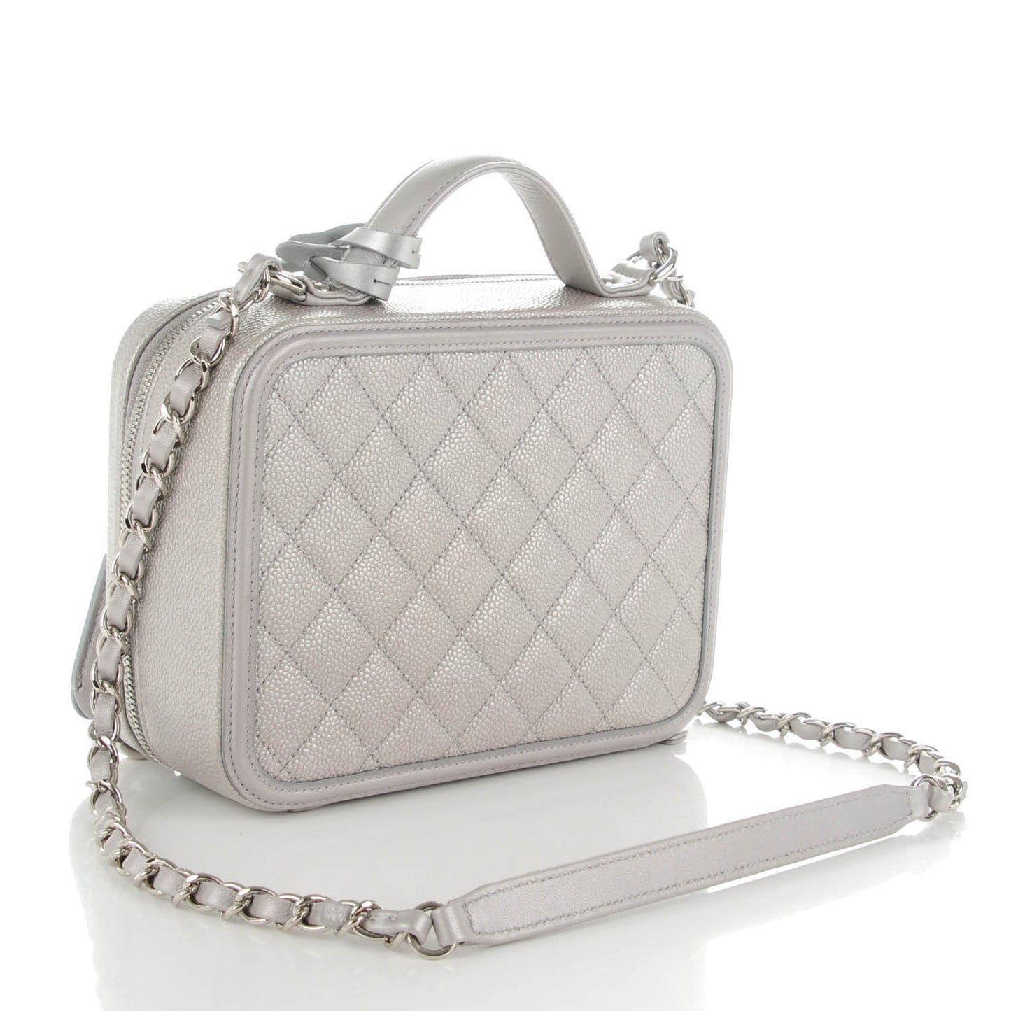 Metallic Caviar Quilted Medium CC Filigree Vanity Case Silver