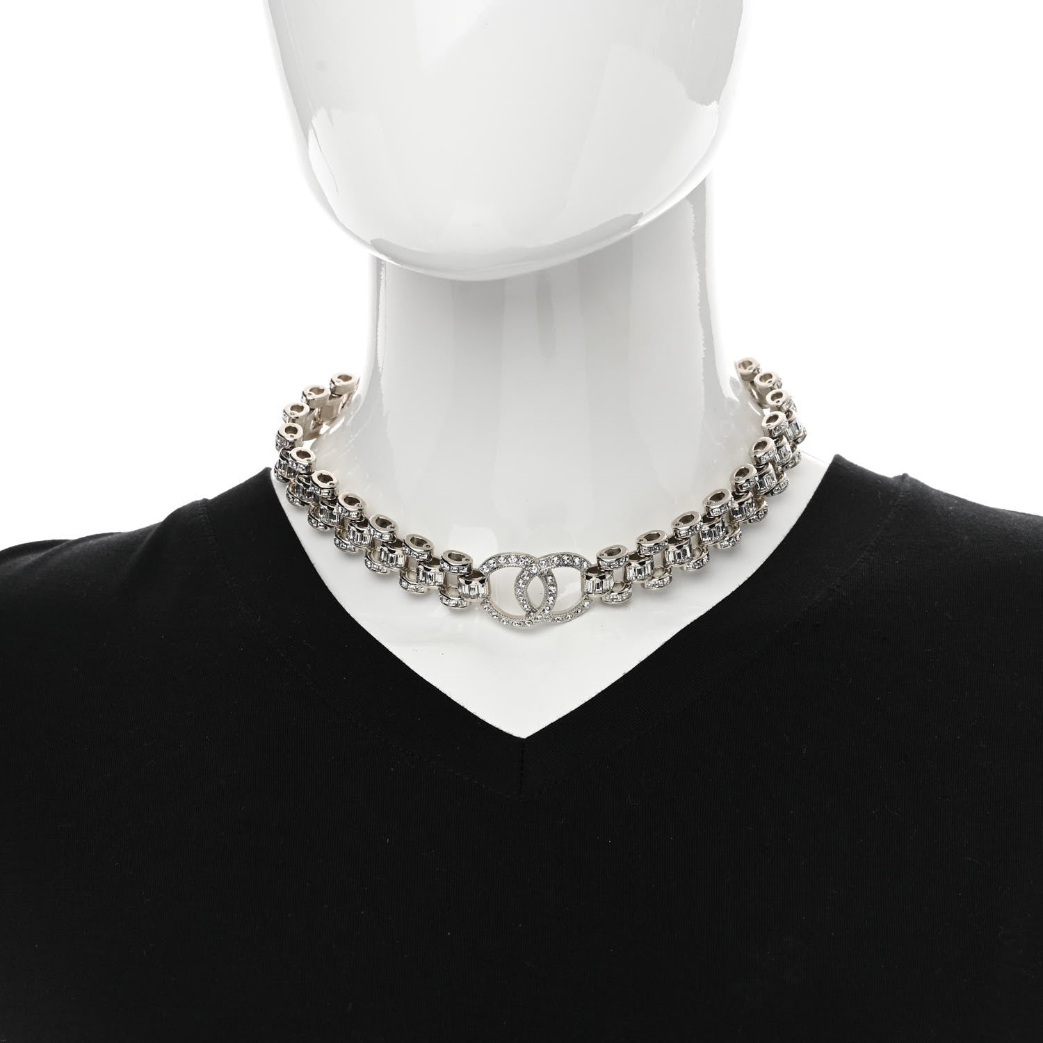 Chanel Crystal CC Chain Links Choker Necklace Silver 2 of 5