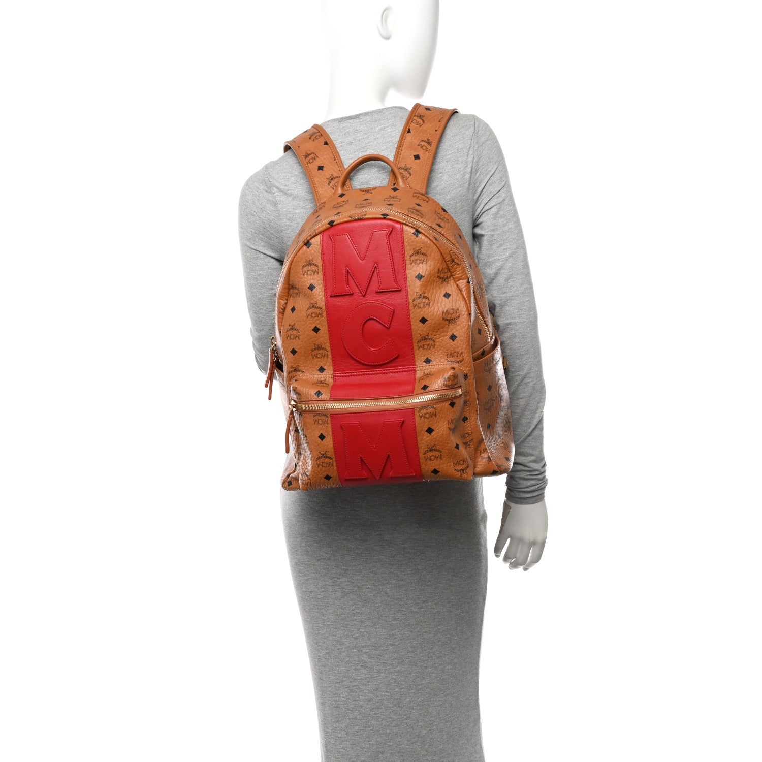 MCM Visetos Medium Stark Logo Stripe Backpack Cognac Red 2 of 11