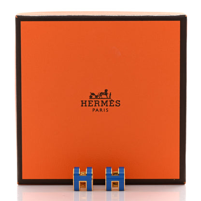 Hermes Gold Lacquered Pop H Earrings Bleu Sature 6 of 6