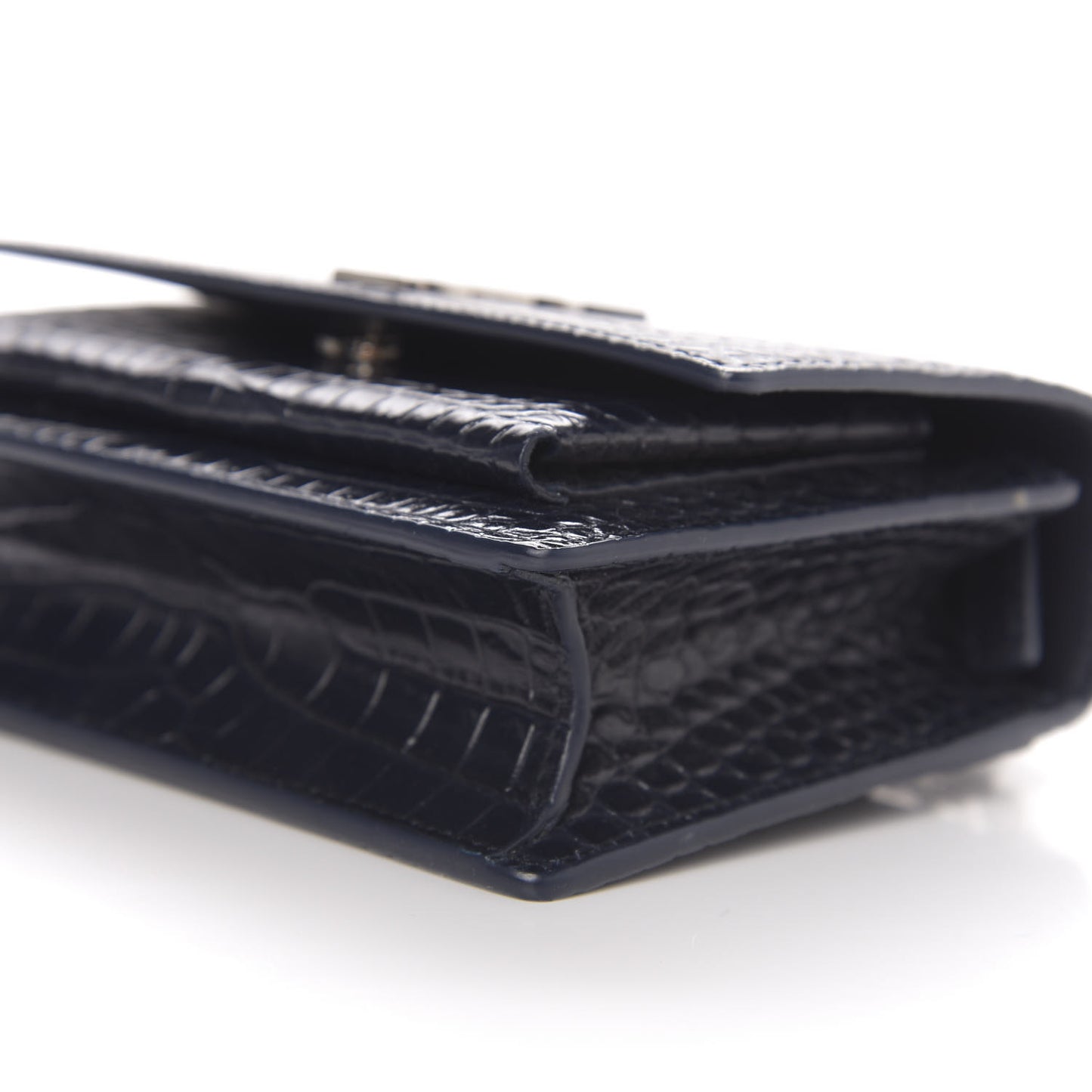 Calfskin Crocodile Embossed Monogram Sunset Chain Wallet Navy