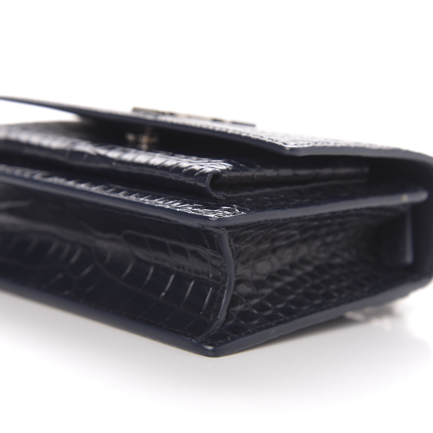 Saint Laurent Calfskin Crocodile Embossed Monogram Sunset Chain Wallet Navy 8 of 9