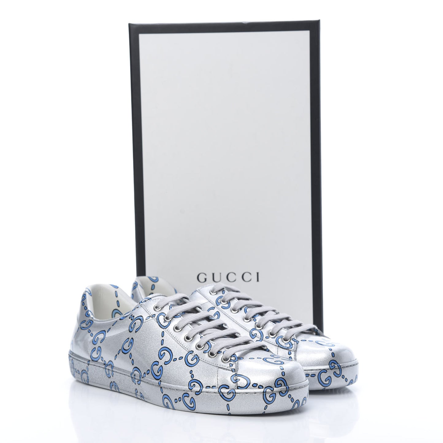 Miro Rubber Wax GucciGhost Print Mens New Ace Sneakers 7.5 Silver