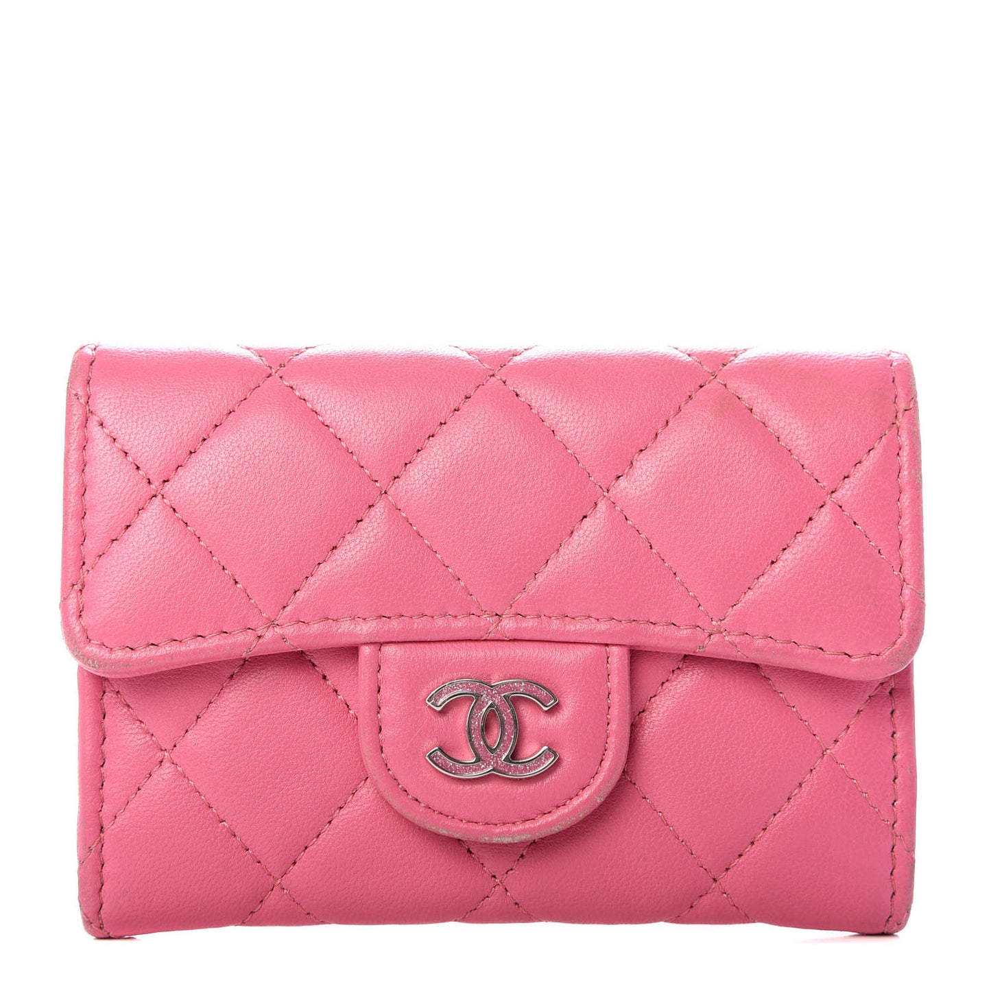 Lambskin Quilted Flap Card Holder Wallet Pink