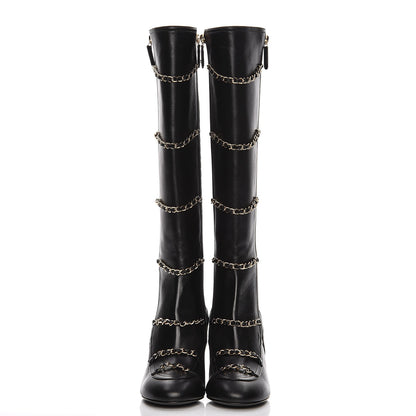 Chanel Lambskin Patent Calfskin Chained High Boots 37 Black 3 of 10