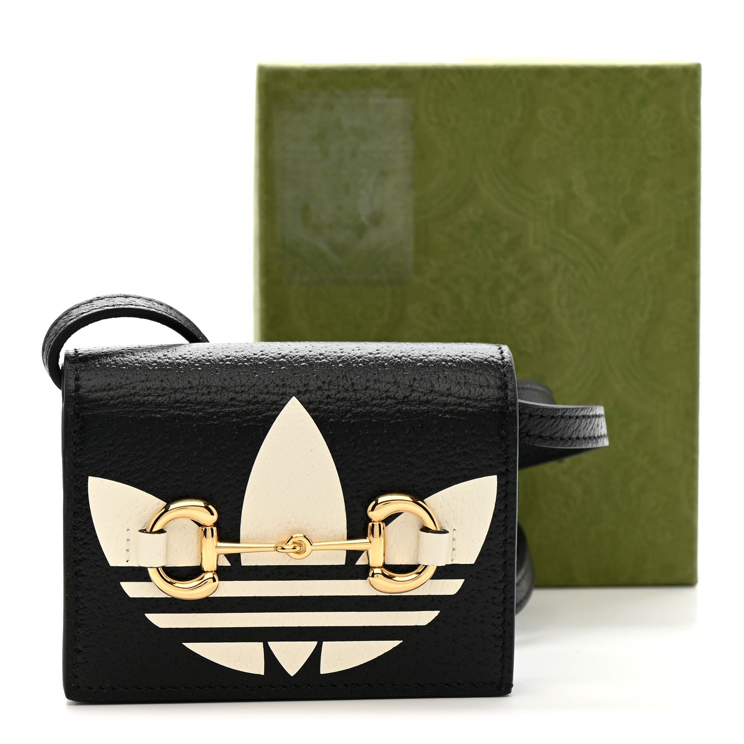 Gucci X ADIDAS Textured Dollar Calfskin Trefoil Horsebit 1955 Card Case Wallet With Strap Black Off White 8 of 8