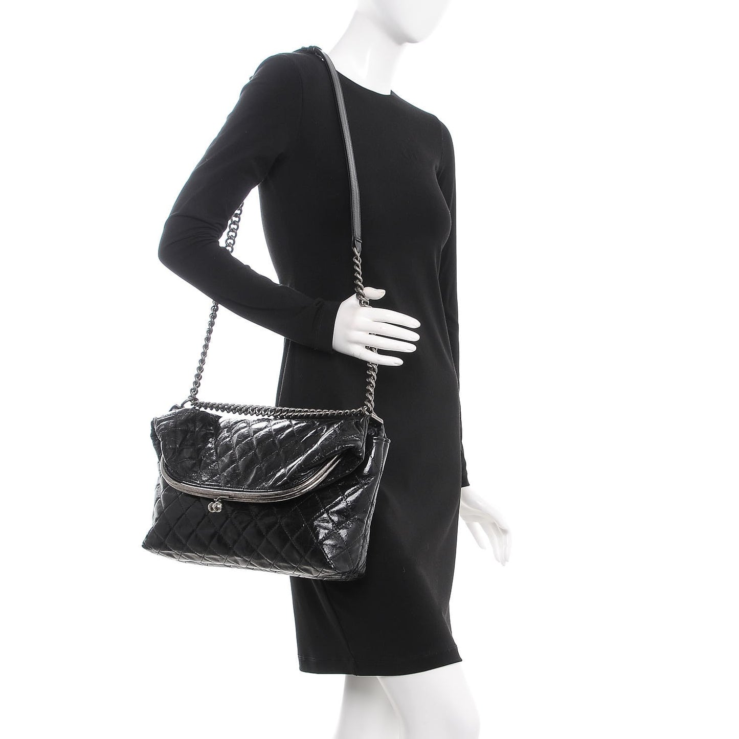 Glazed Calfskin Quilted Framed Shoulder Bag Black