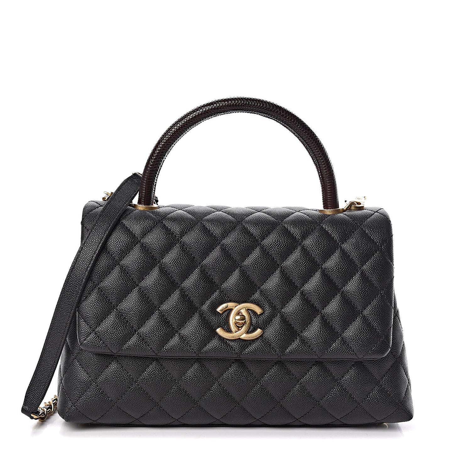 Caviar Lizard Embossed Quilted Small Coco Handle Flap Black