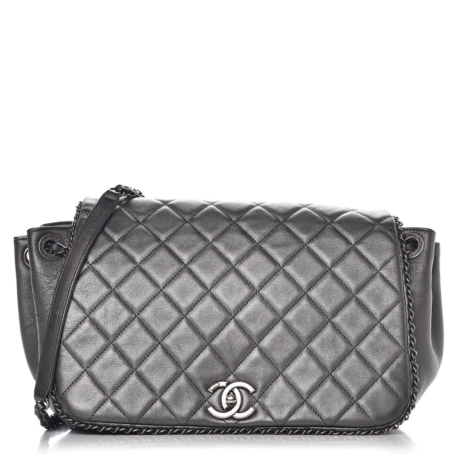 Metallic Calfskin Quilted Large CC Enchained Accordion Flap Grey