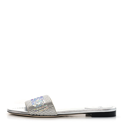 Fendi Laminated Goatskin Baguette Crystal Embroidered Signature Flat Slide Sandals 39 Silver 1 of 6
