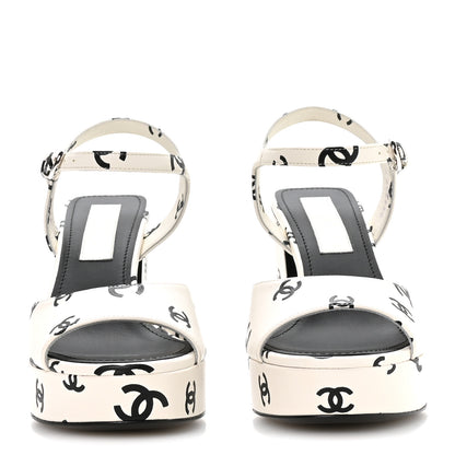 Chanel Printed Lambskin CC Platform Sandals 37 White Black 3 of 9