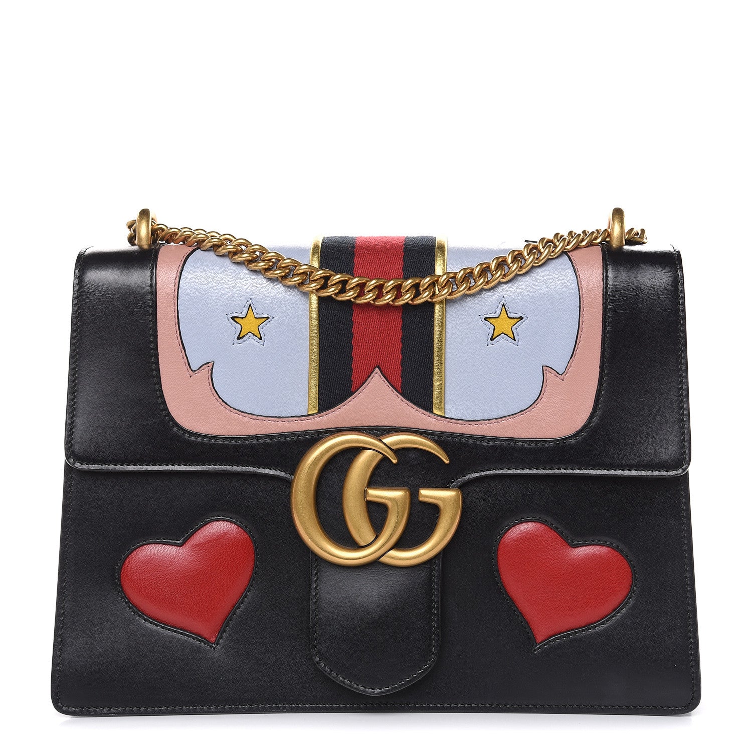 Gucci Calfskin Web Heart Medium GG Marmont Chain Handle Bag Black 1 of 16