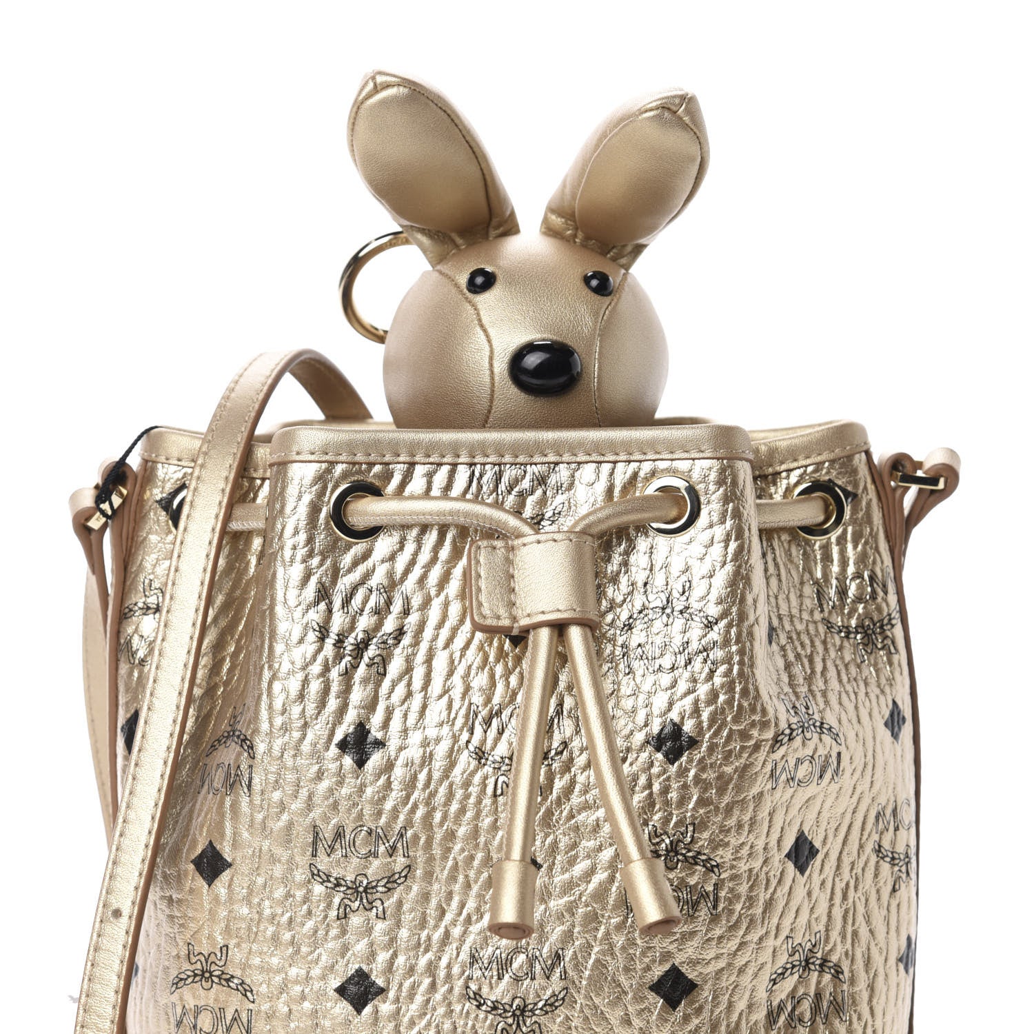 MCM Metallic Visetos Zoo Rabbit Drawstring Bucket Bag Berlin Gold 12 of 14