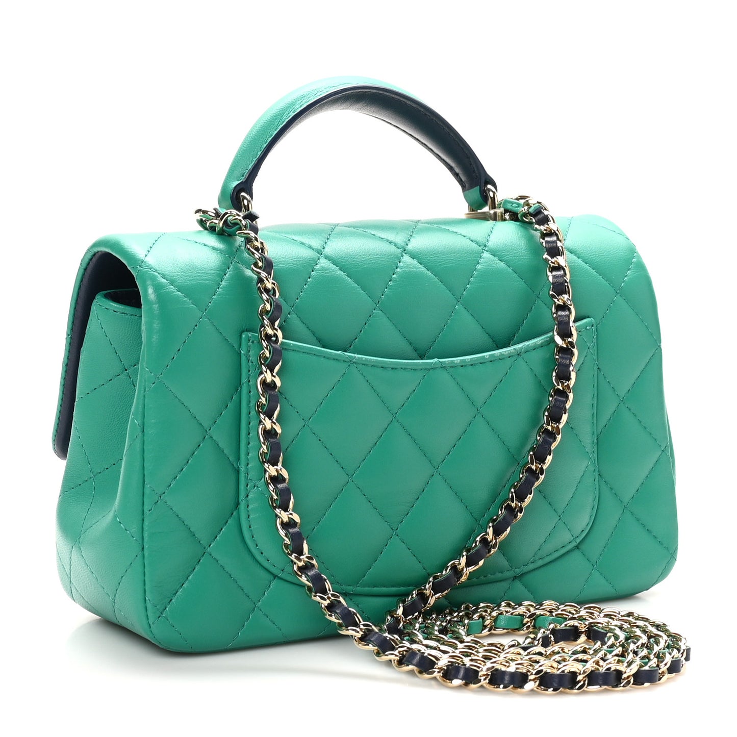 Lambskin Quilted Bi-Color Mini Top Handle Rectangular Flap Green Dark Blue
